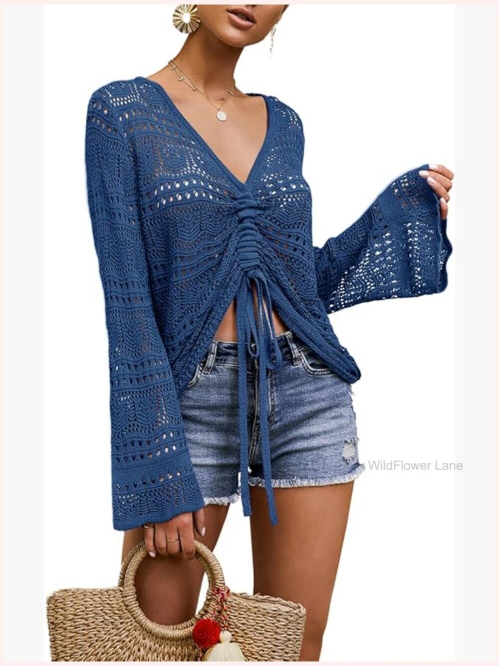 Boho Off Shoulder Sheer Crop Top Bell Sleeve Oversized Pullover Sweater